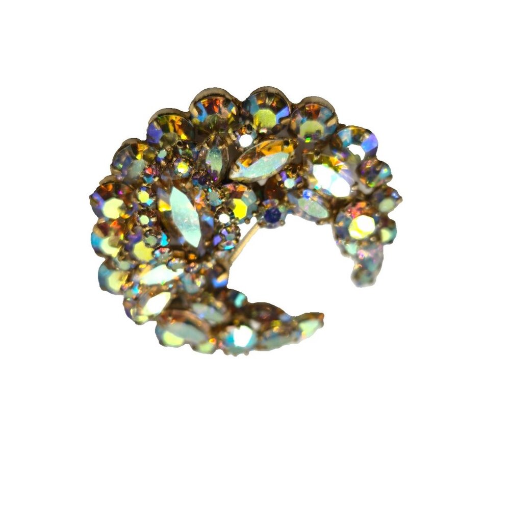 Rare Signed Sherman Aurora Borealis Crescent Brooch Vintage 1950s